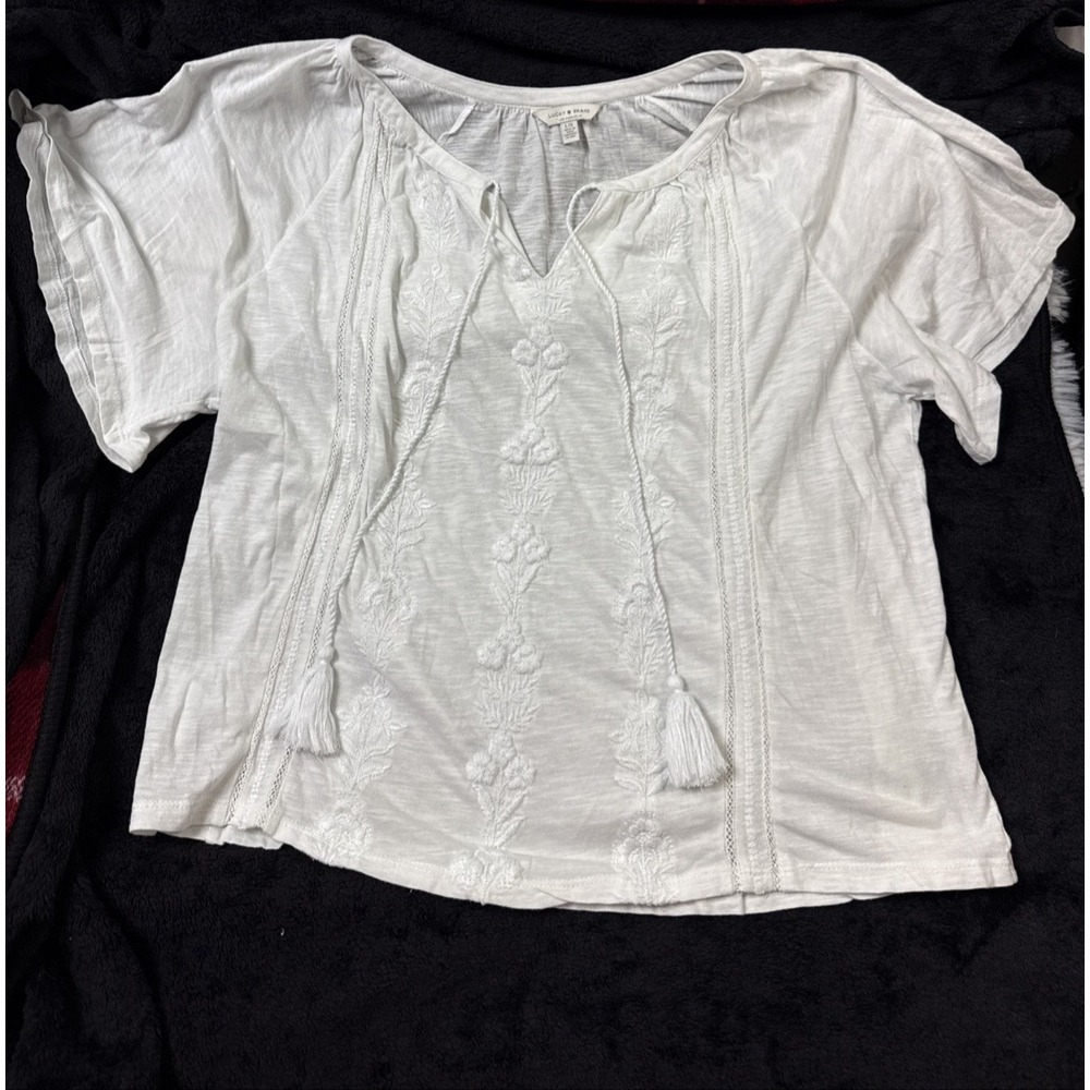 Lucky Brand White Embroidered Blouse Women's L Cotton Boho Peasant Top